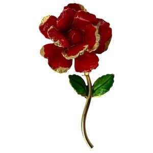 Vintage Giovanni Red Enamel Rose Flower Brooch Gold Tone 2.5"‎ Signed